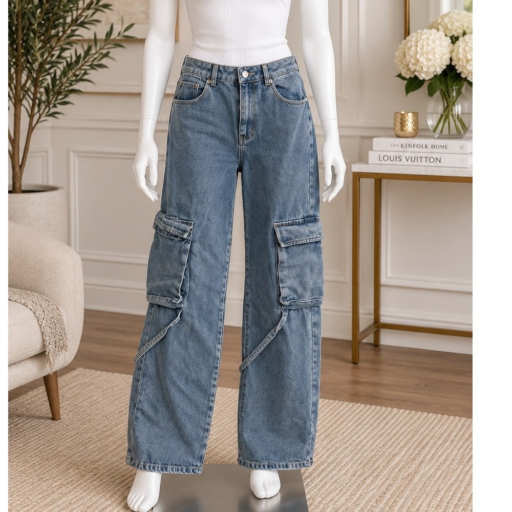 Papermoon Cargo Jeans Blue High Rise Wide Leg Utility Denim Y2K M/8